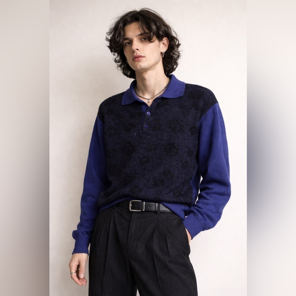 Vintage Tulliano 100% Wool Knit Polo Lace Front Sweater Size XL